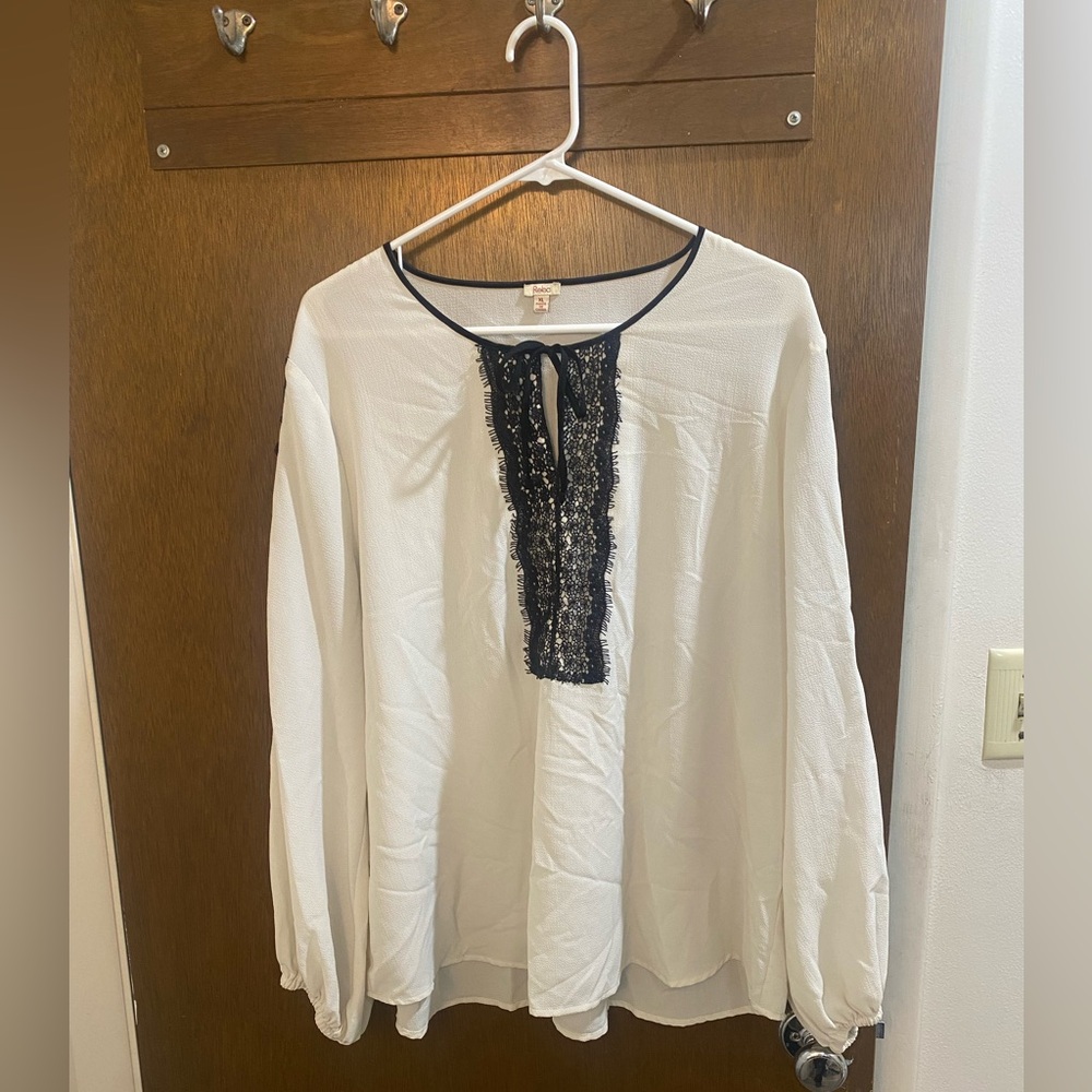 Elegant White Blouse with Black Lace Trim